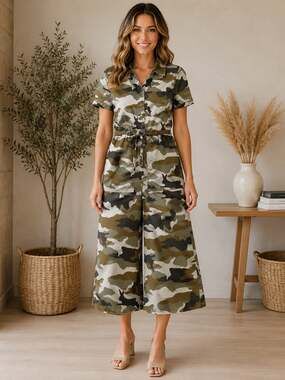 Madewell Camo Rabbit Print Utility Jumpsuit Wide Leg Tie Waist Size 00